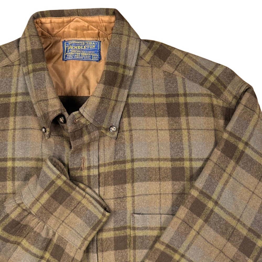 Vtg Pendleton Mens Plaid Wool Button Down Shirt Brown Tan Green Size 15.5 M